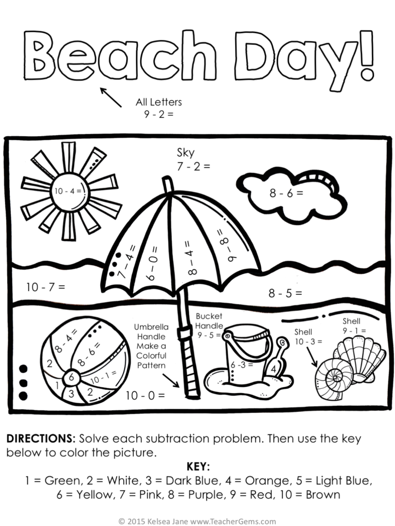 Beach Day subtraction color-by-number worksheet with an umbrella, sun, cloud, beach ball, bucket, and shells, plus a color key.