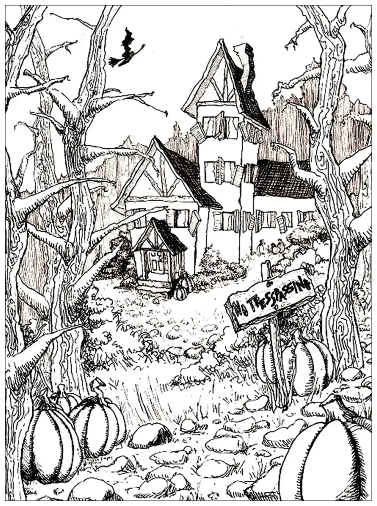 Halloween coloring-page illustration of a crooked haunted house among bare trees, with pumpkins, a bat, and a winding path.