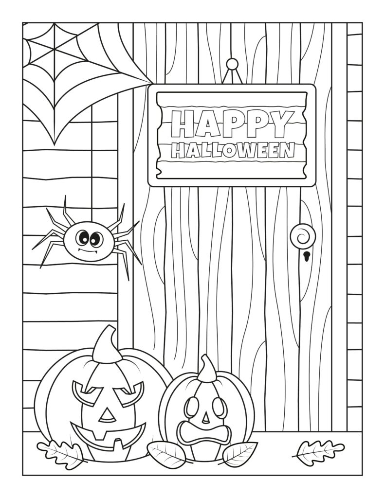 Halloween coloring page showing two jack-o’-lanterns, a spider and web, and a wooden door sign reading “Happy Halloween.”.