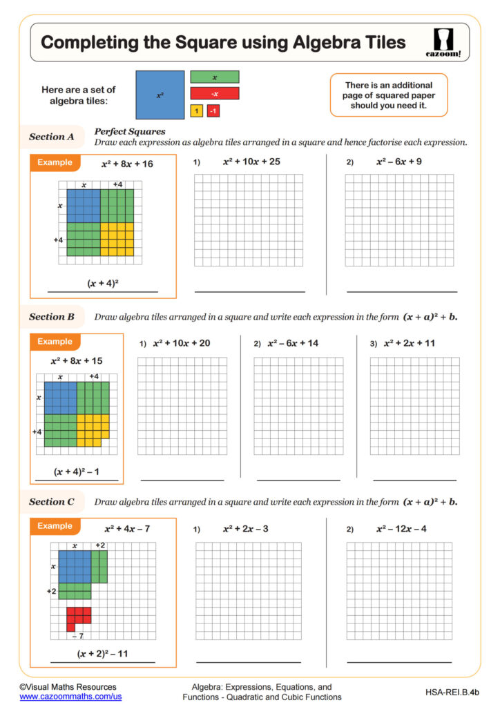 A worksheet on completing the square using algebra tiles, with worked examples and grid-based practice problems in three sections.