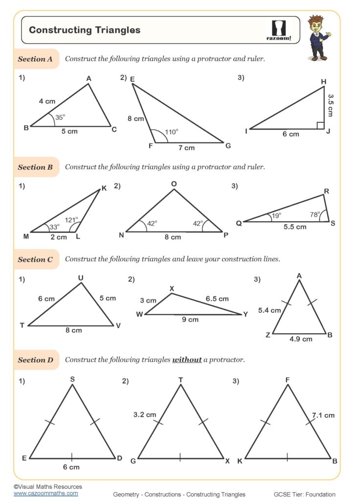 Geometry worksheet with four sections of triangle construction exercises, including given side lengths and angles, ruler-and-protractor instructions, and a section requiring construction lines.