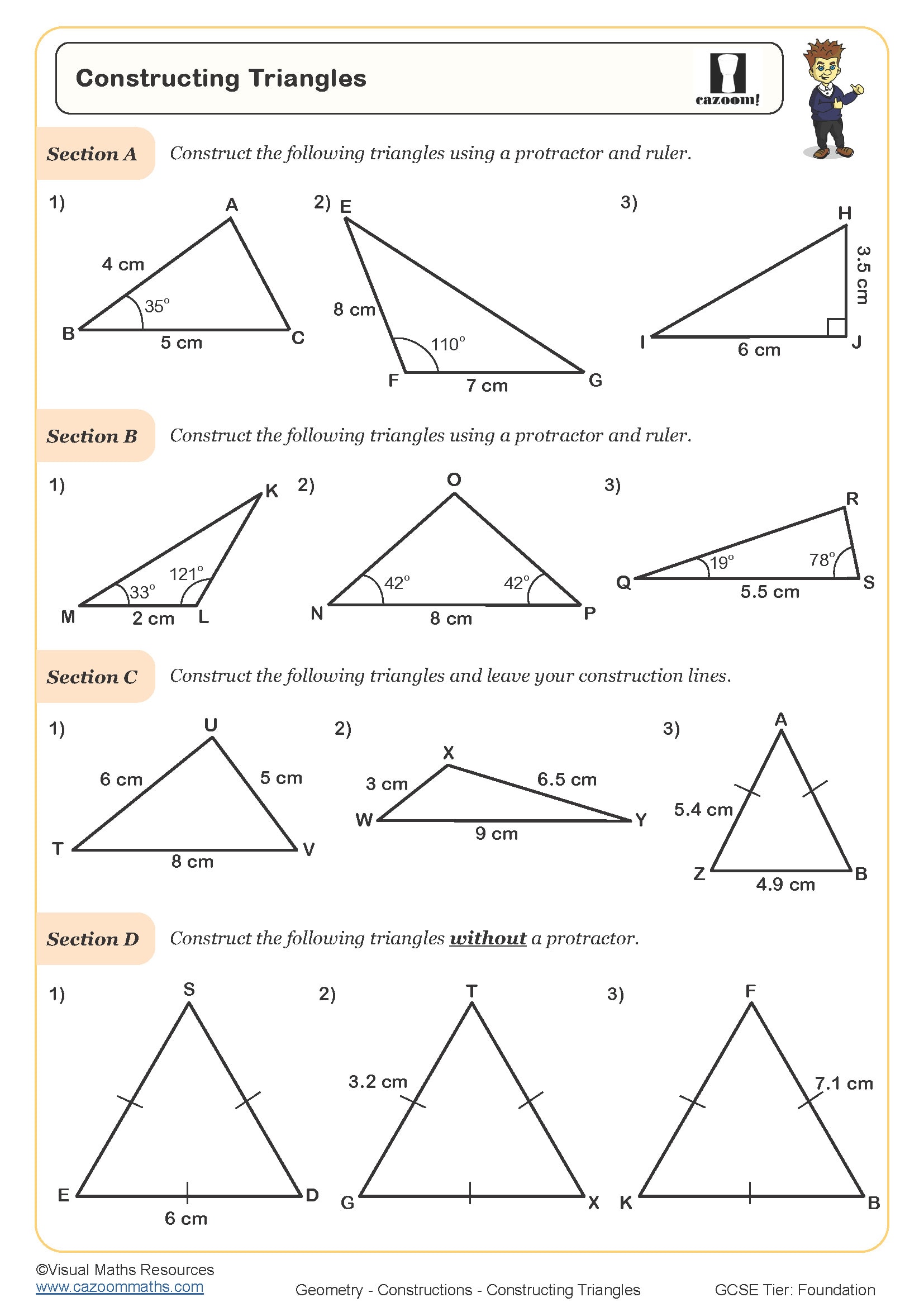 Geometry worksheet with four sections of triangle construction exercises, including given side lengths and angles, ruler-and-protractor instructions, and a section requiring construction lines.