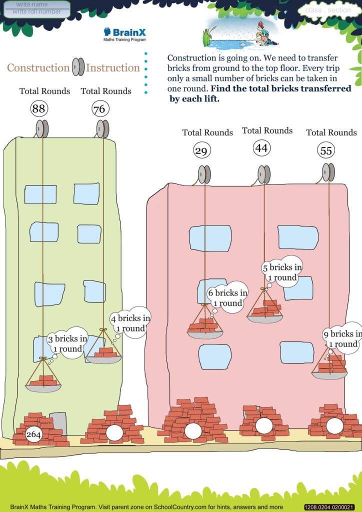 A construction math worksheet asks students to calculate bricks transferred by several lifts, showing two buildings, brick piles, round totals, and lift capacity labels.