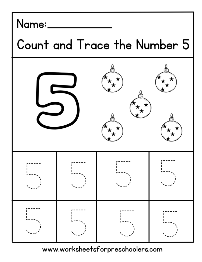 Preschool number worksheet with a large outlined 5, five star-patterned ornaments, and rows of dotted 5s for tracing.