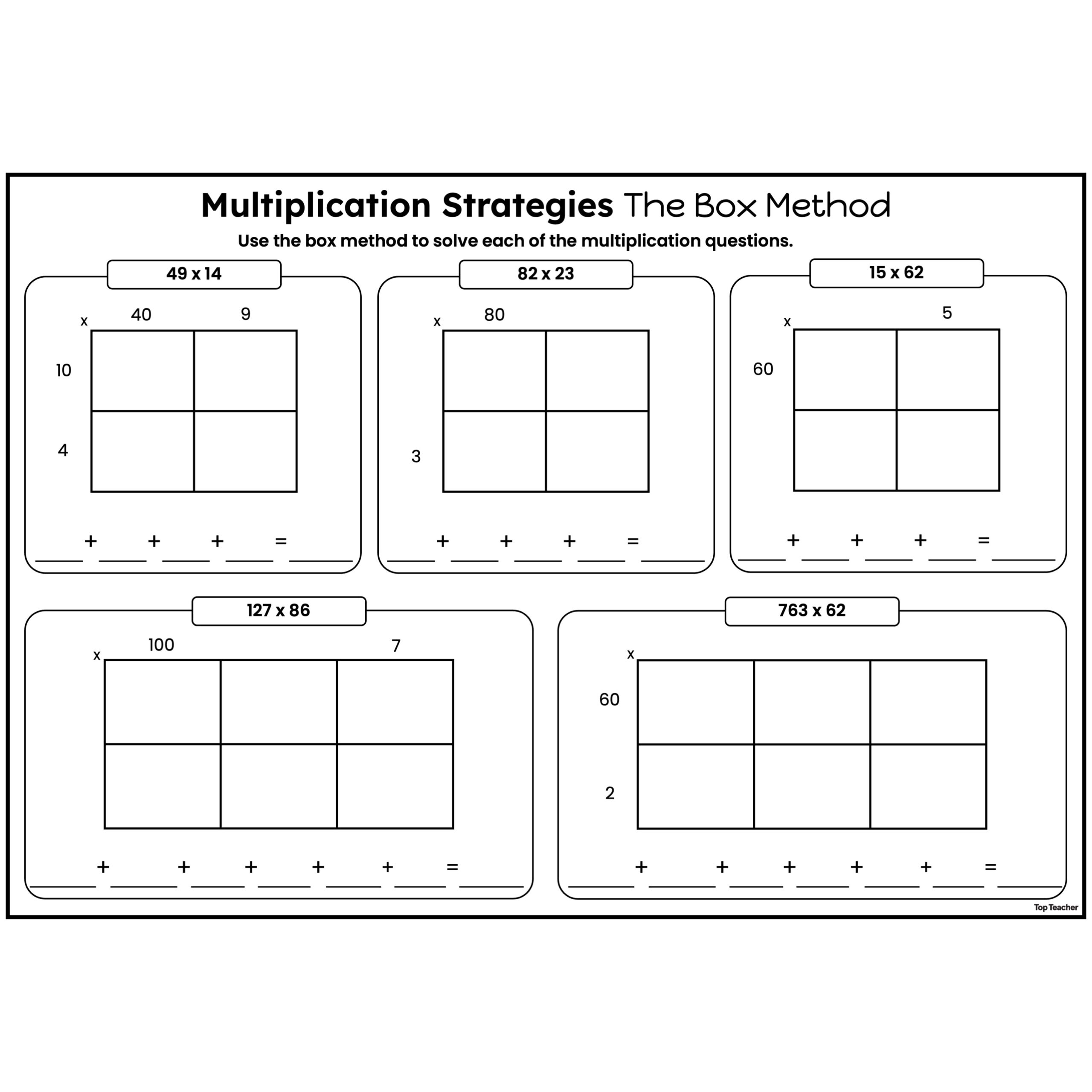 A multiplication box-method worksheet with five problems, blank partitioned grids, and addition lines for calculating partial products.