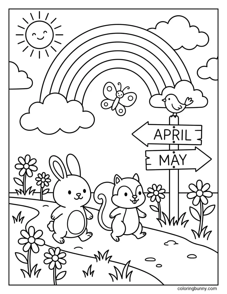Spring coloring page showing a rainbow, sun, clouds, butterfly, bird, flowers, and two small animals beside signs labeled April and May.