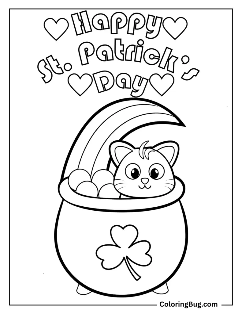 St. Patrick’s Day coloring page with a smiling cat peeking from a shamrock-decorated pot beneath a rainbow, surrounded by hearts and outlined lettering.