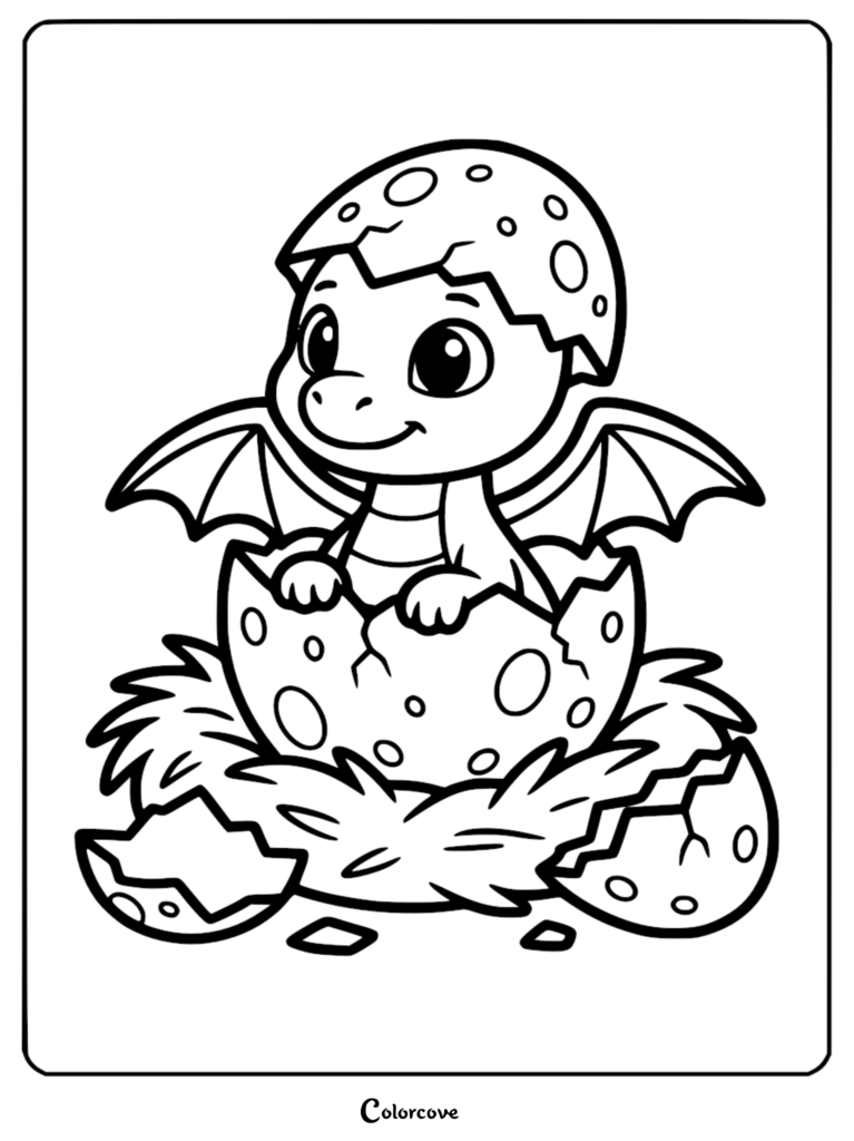 Black-and-white coloring-page line art of a cute baby dragon hatching from a spotted cracked egg, with small wings and broken shell pieces.