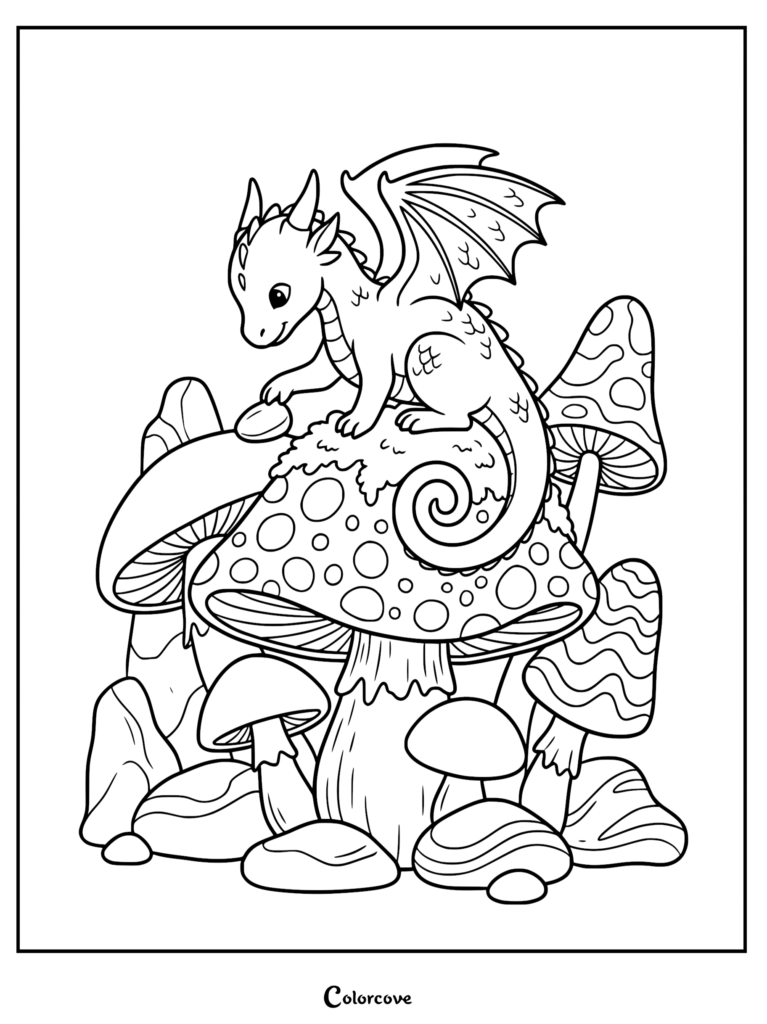 A cute winged dragon with a curled tail sits on a large spotted mushroom, surrounded by smaller mushrooms and rocks.