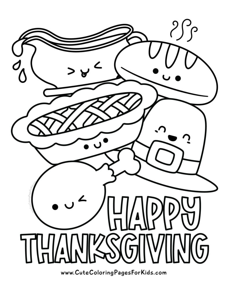 Thanksgiving coloring page with cute outline drawings of a gravy boat, pie, bread roll, turkey drumstick, and a “Happy Thanksgiving” greeting.