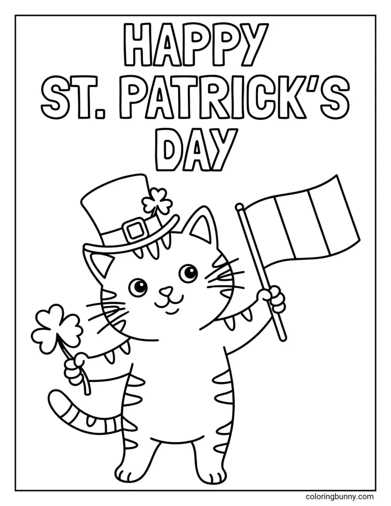 St. Patrick’s Day coloring page showing a smiling cat wearing a shamrock-decorated hat, holding a shamrock and a flag beneath large holiday lettering.