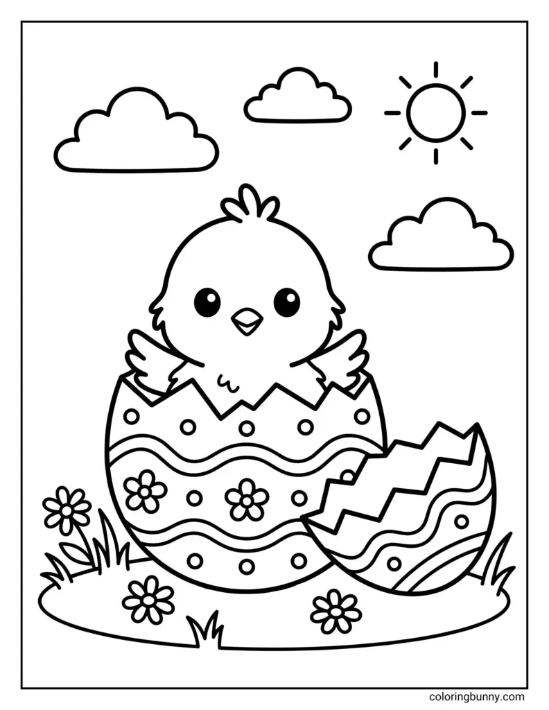 Black-and-white Easter coloring page showing a chick hatching from a patterned egg, with a cracked eggshell, flowers, clouds, and a sun.