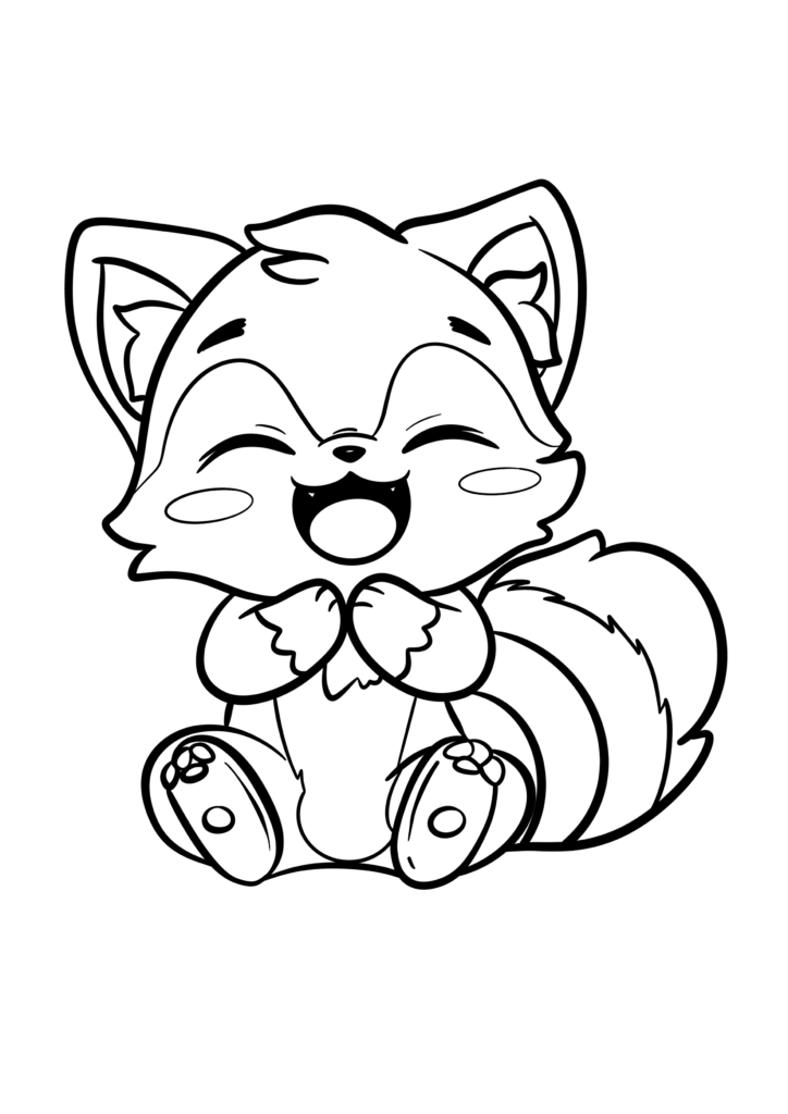 Black-and-white coloring-page illustration of a smiling fox sitting with paws raised and a large curled tail.