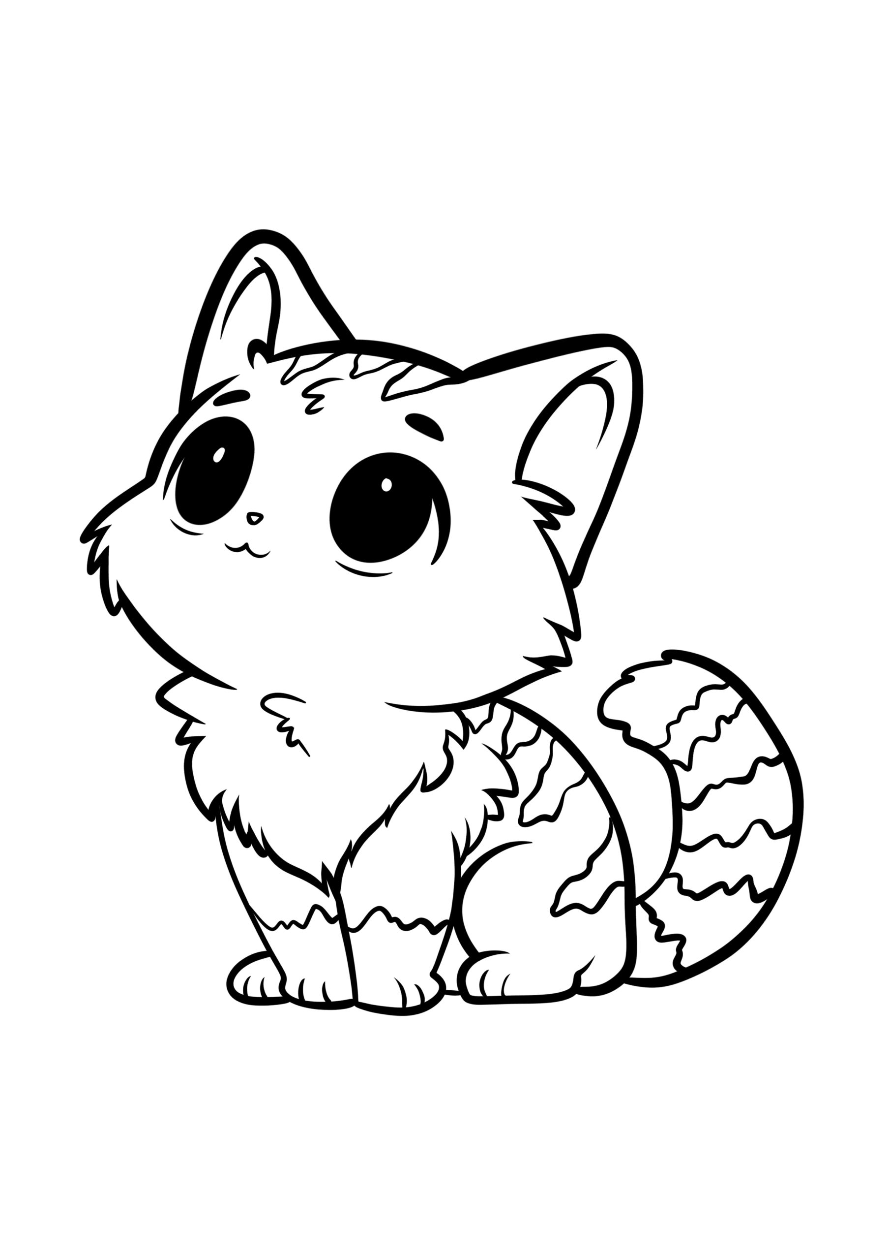 Black-and-white coloring-page outline of a seated, big-eyed cat with striped markings and a curled tail.