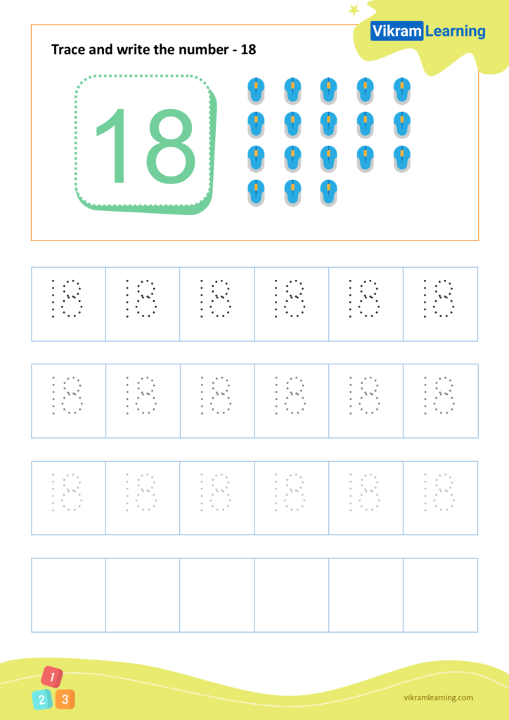 A number 18 tracing worksheet with a large model 18, eighteen small icons, rows of dotted 18s to trace, and blank boxes for writing practice.
