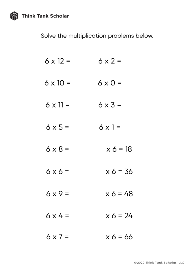 A multiplication worksheet asks students to solve six-times-table problems, including missing-factor equations.