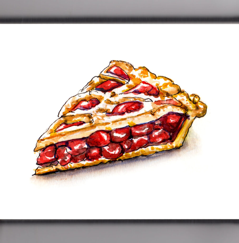A colorful watercolor illustration of a slice of cherry pie with a golden lattice crust.