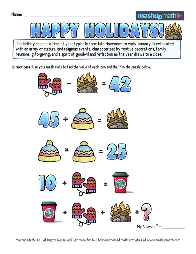 Holiday math worksheet asking students to solve equations using icons of mittens, a campfire, a winter hat, and a cup.
