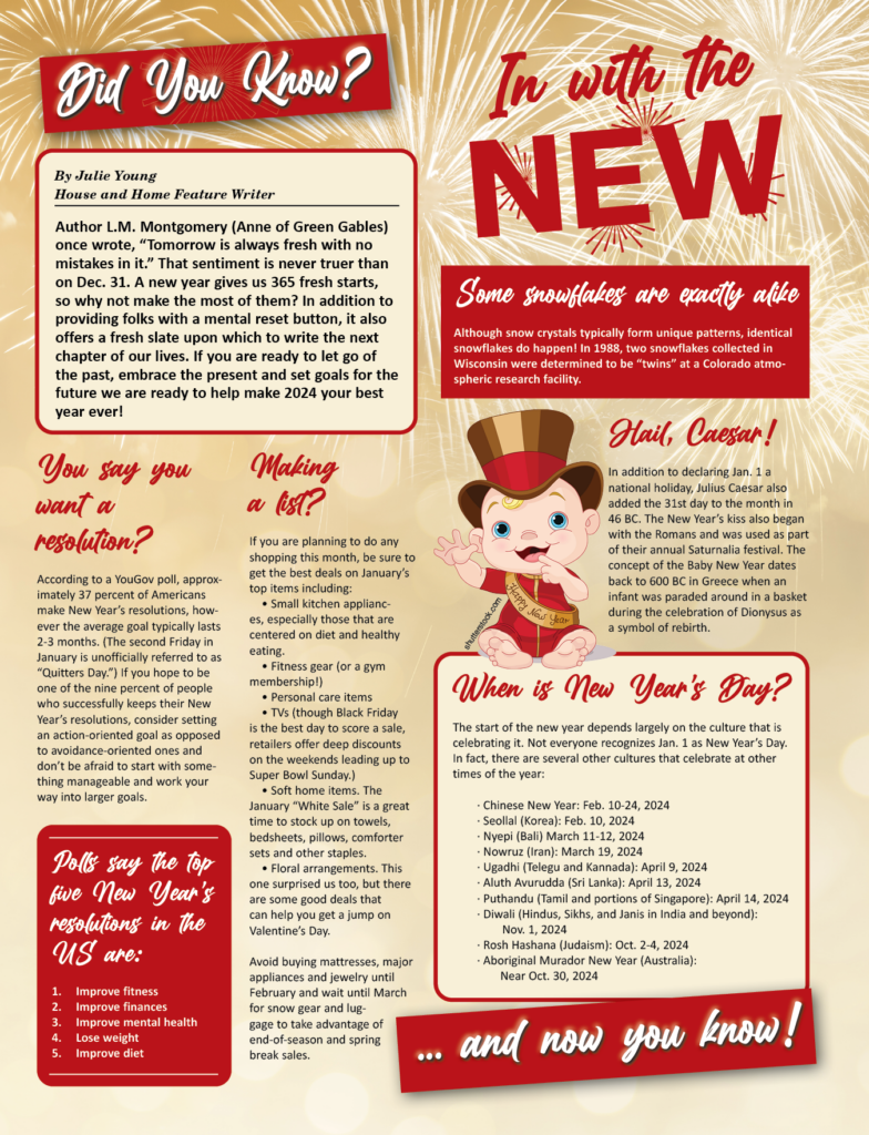 A red-and-cream infographic shares January and New Year facts, including New Year’s resolutions, identical snowflakes, Julius Caesar, and dates for celebrations around the world.