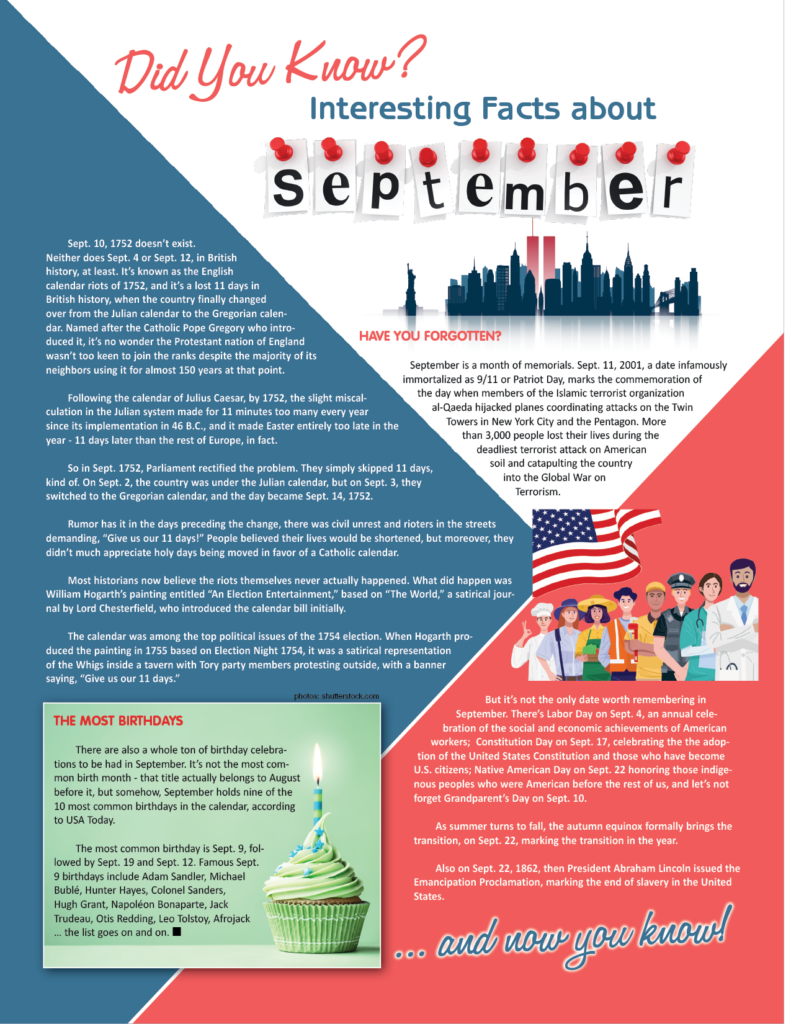 An illustrated infographic titled “Did You Know? Interesting Facts about September,” with calendar-letter cards, a city skyline, a flag, and text about September history, observances, and birthdays.