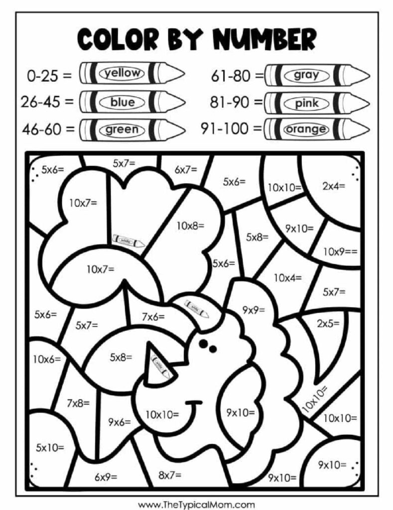 A dinosaur color-by-number worksheet with multiplication problems in outlined sections and a key assigning number ranges to colors.