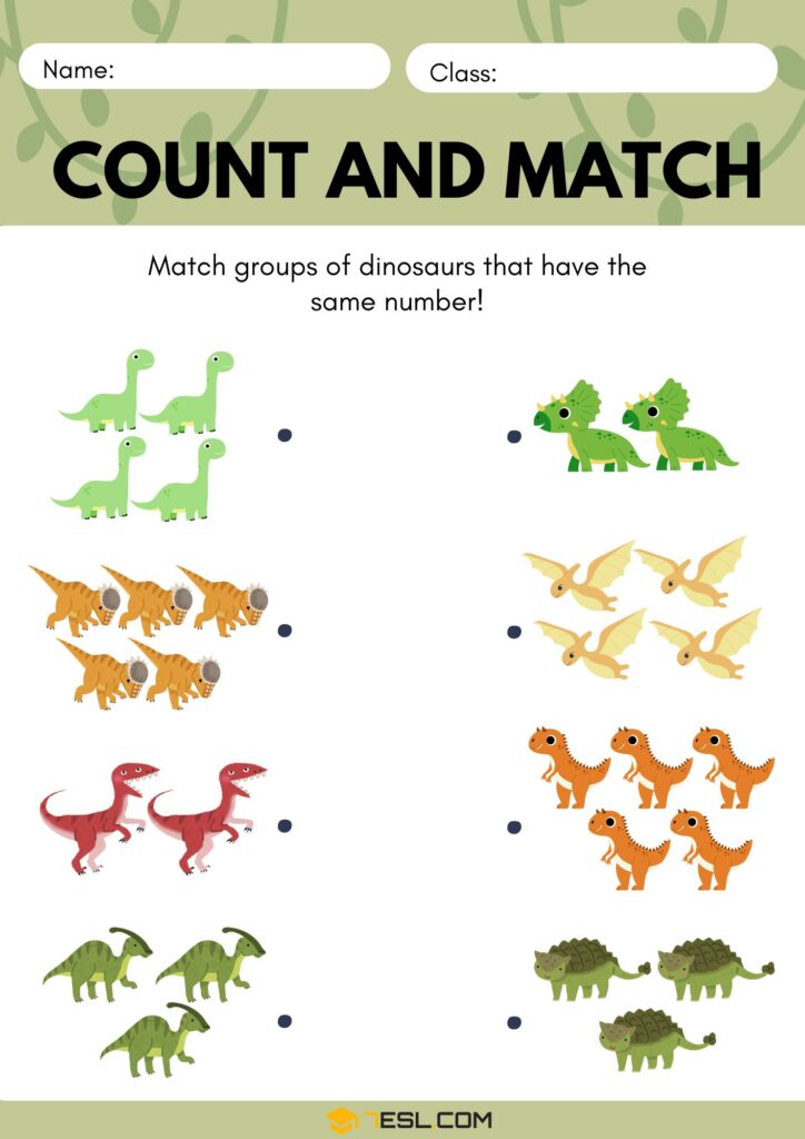 A dinosaur count-and-match worksheet with four dinosaur groups on each side; students count the dinosaurs and connect groups with equal numbers.