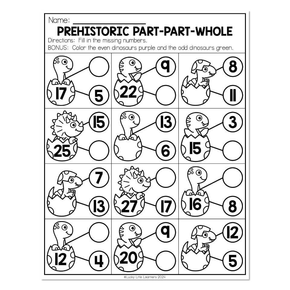 A black-and-white dinosaur math worksheet with a grid of dinosaur hatchlings and part-part-whole number problems, including blank circles to fill in.