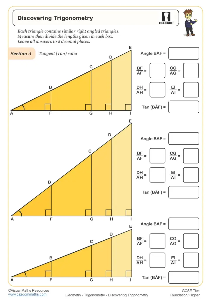 A trigonometry worksheet titled “Discovering Trigonometry,” with three right-triangle diagrams and answer boxes for angle measures and tangent ratios.