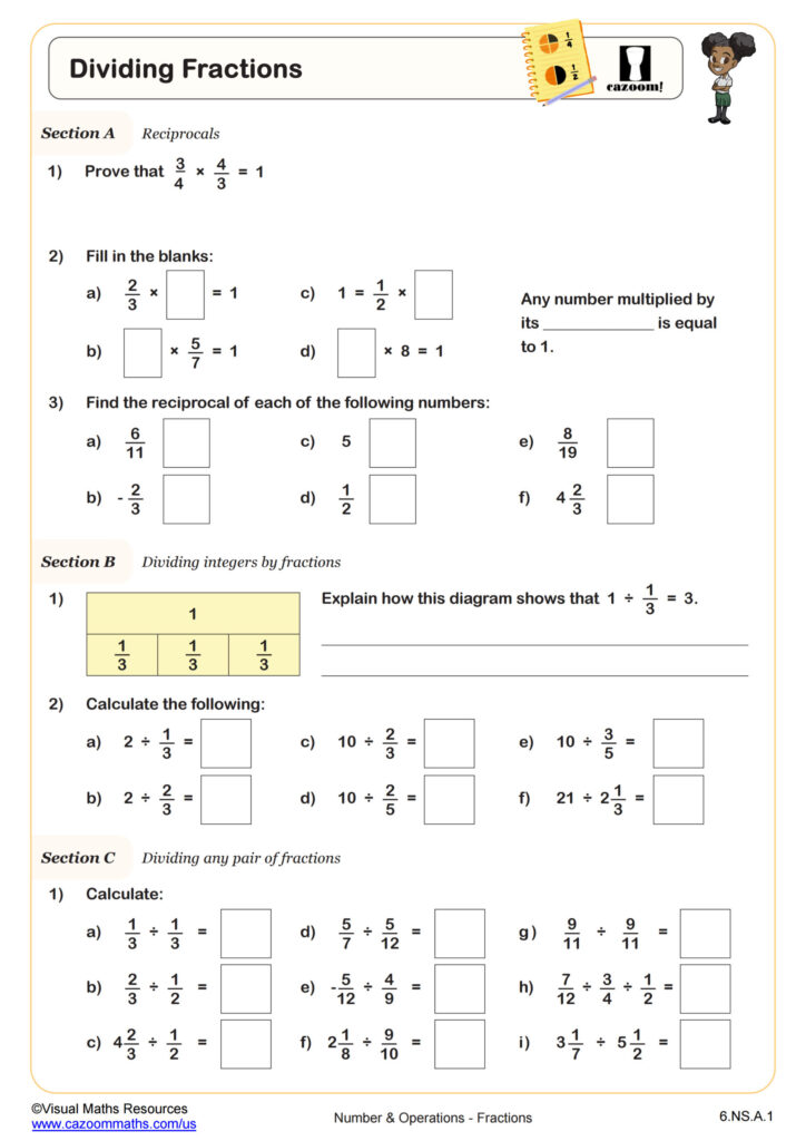 A worksheet titled “Dividing Fractions” with exercises on reciprocals, dividing integers by fractions, and dividing pairs of fractions, with blank answer boxes and a diagram showing thirds.