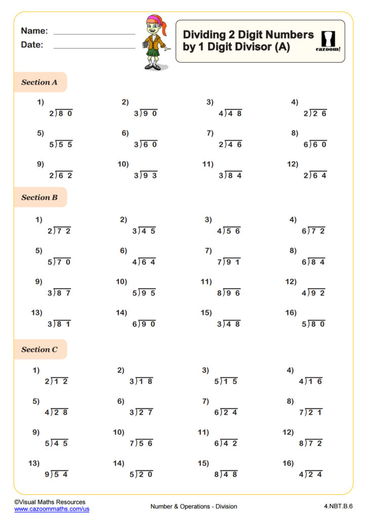 A division worksheet with three sections of two-digit numbers divided by one-digit divisors, with blank workspace for solving each problem.