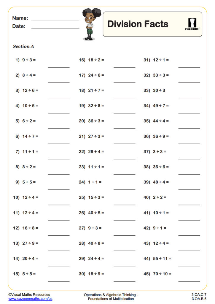 A division facts worksheet with 45 numbered division problems arranged in three columns, each followed by a blank answer line.