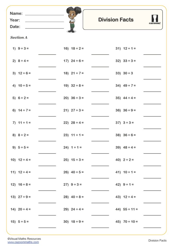 A division facts worksheet with 45 numbered division problems arranged in three columns, each with a blank answer line.