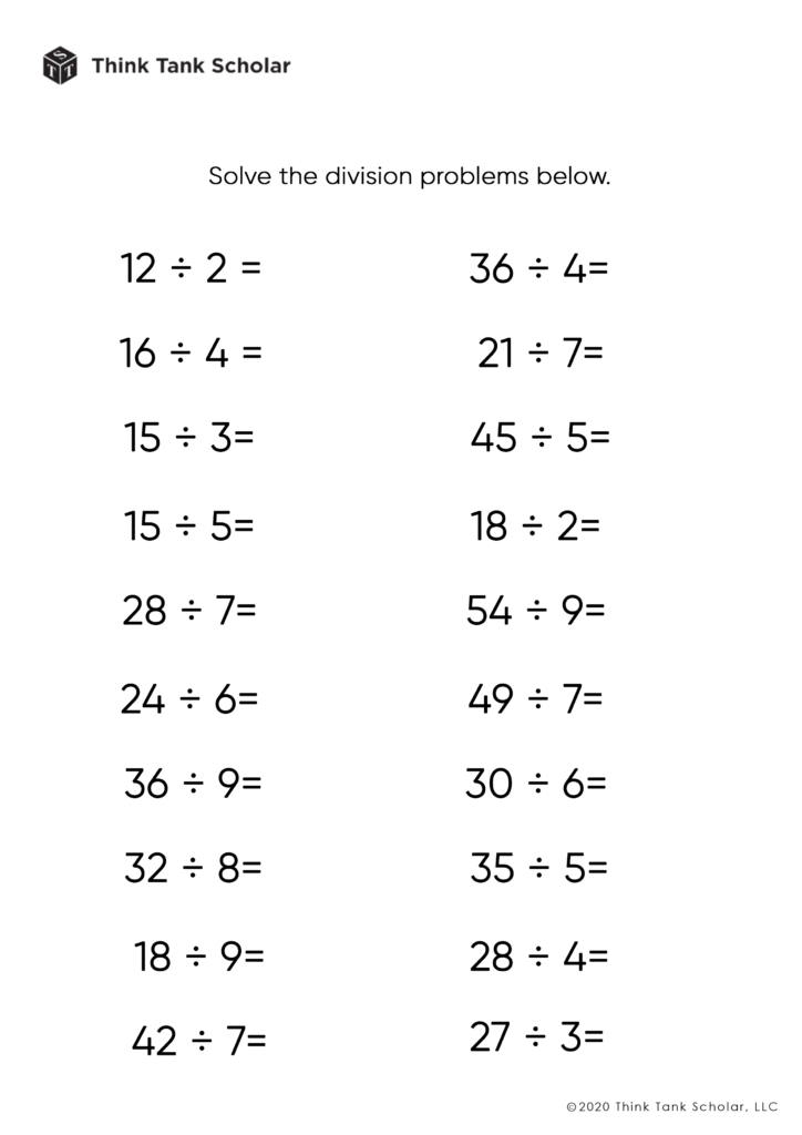 A two-column division worksheet asks students to solve 20 basic division problems, including 12 ÷ 2, 36 ÷ 4, and 42 ÷ 7.