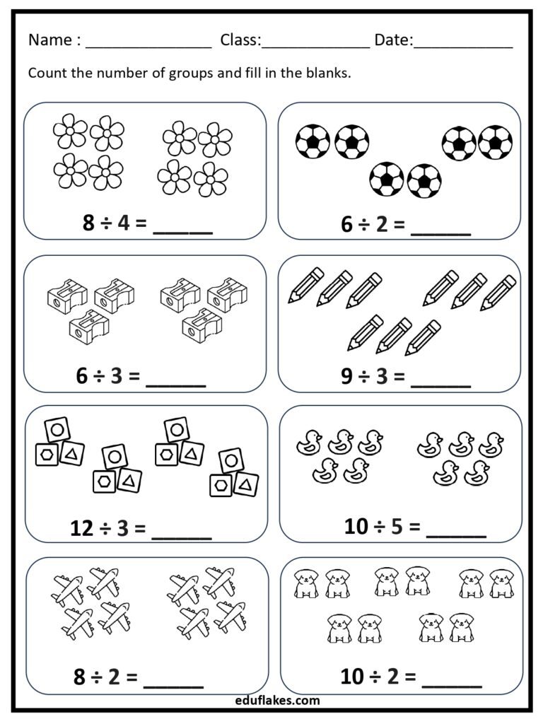 A division worksheet with picture groups of flowers, soccer balls, sharpeners, pencils, shapes, ducks, airplanes, and bears, each paired with a division equation and blank answer.