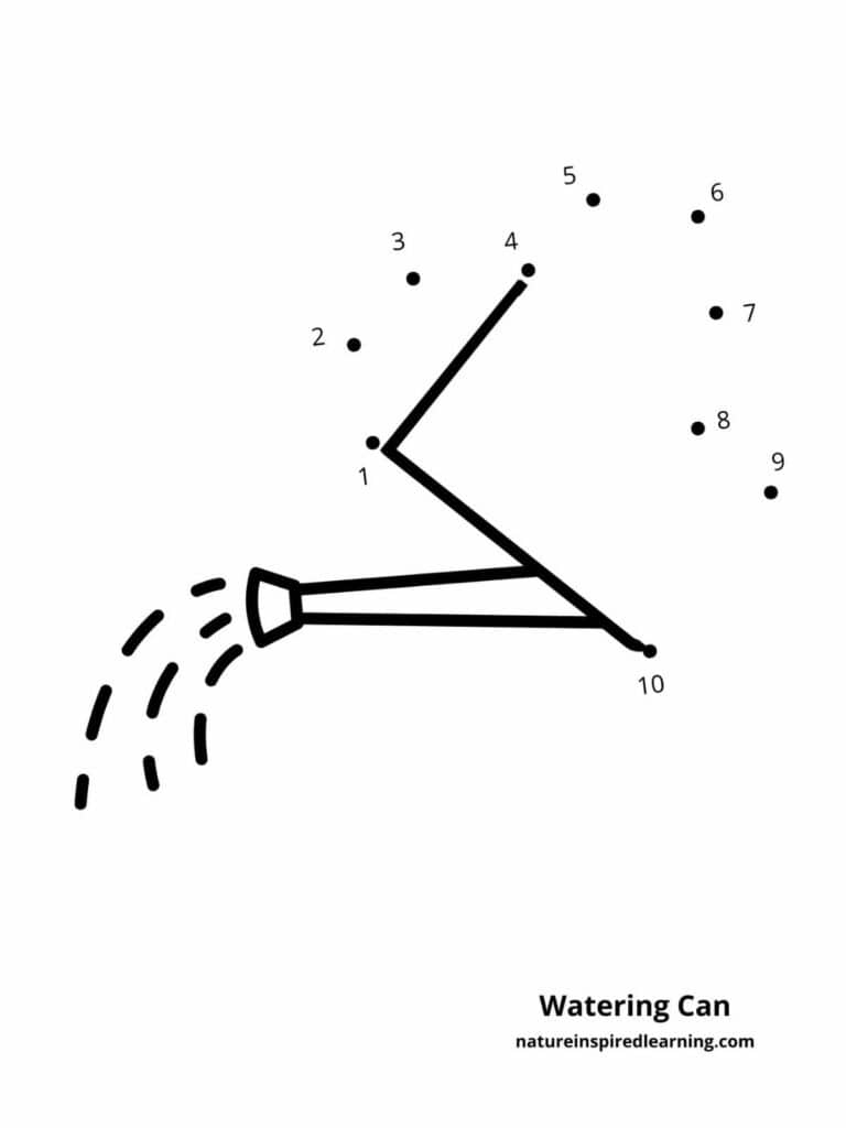 A dot-to-dot worksheet showing numbered points and partial lines forming a watering can, with dashed water streams beside it.