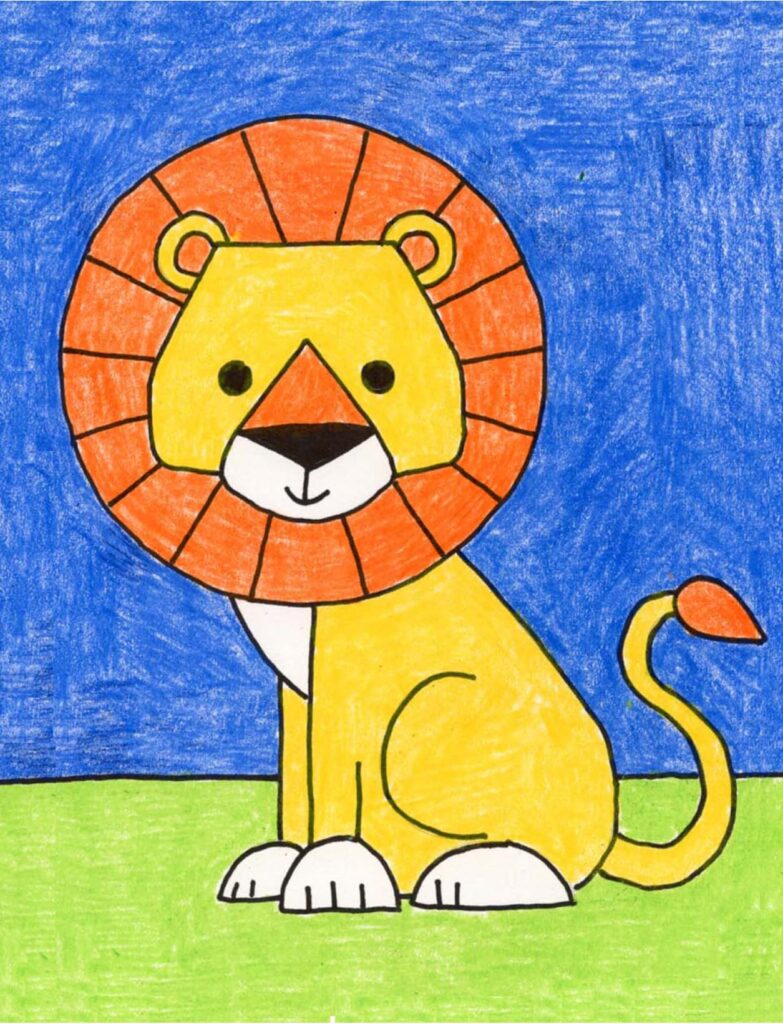 A colorful cartoon lion sits on green grass against a blue background, with a large orange segmented mane, yellow face and body, and white paws.