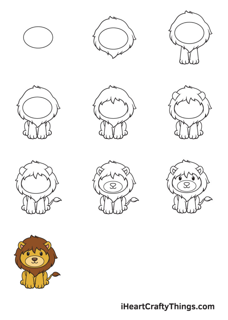 Step-by-step lion drawing guide, showing the outline and facial features being added before a finished brown-and-gold lion.