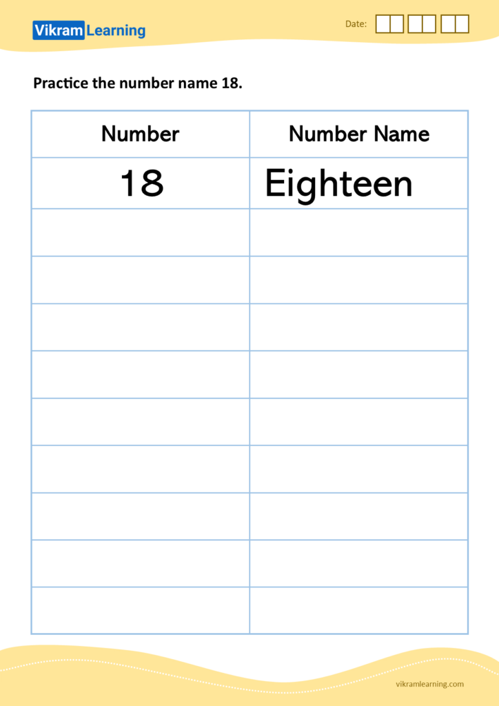 A number-name practice worksheet with 18 paired with “Eighteen” at the top of a two-column table and blank rows below.