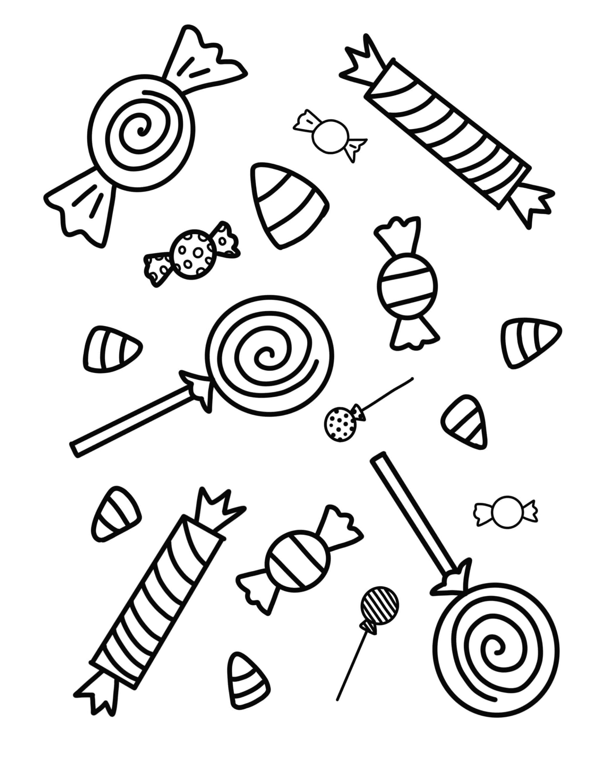 Black-and-white coloring page featuring assorted wrapped candies, striped sweets, and spiral lollipops.