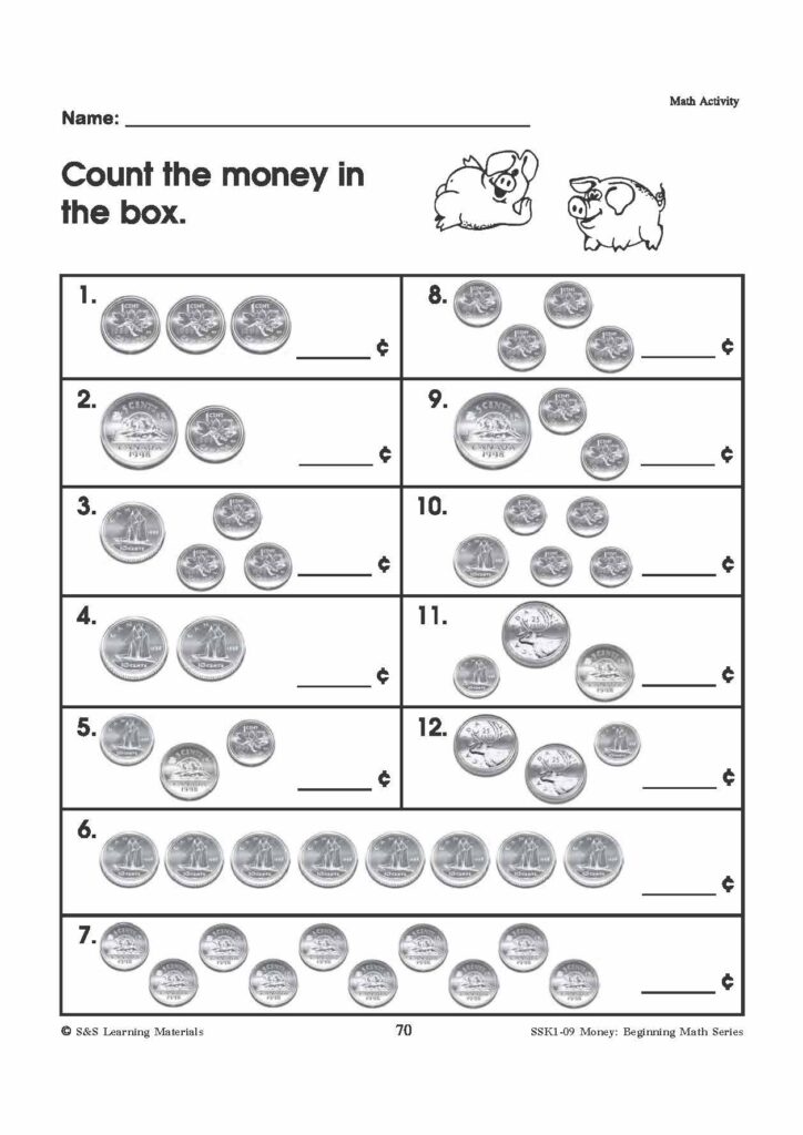 A money-counting worksheet with numbered boxes showing groups of illustrated coins and blank lines for writing each total in cents.