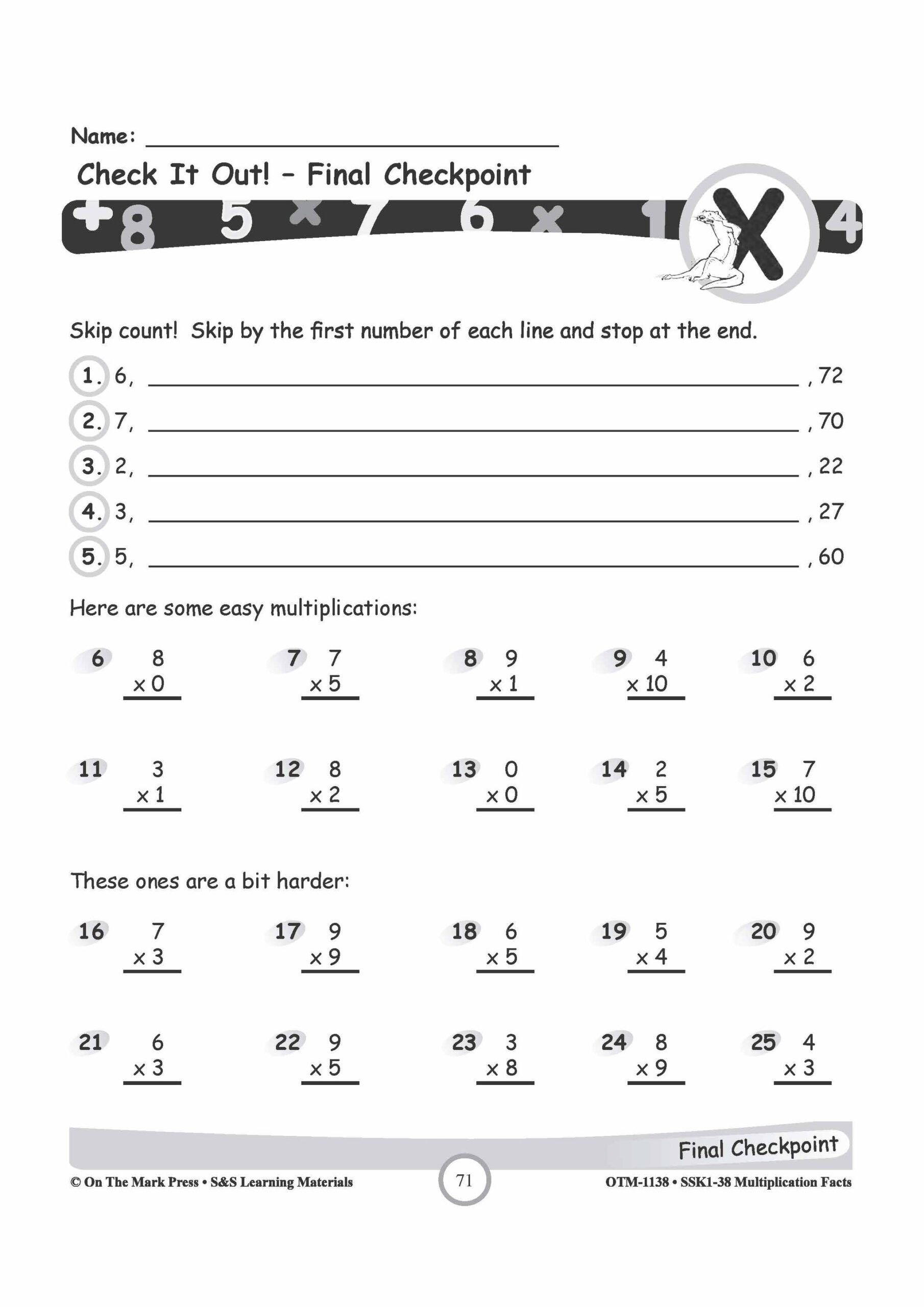 A math worksheet with skip-counting sequences and vertical multiplication problems, including easier and harder sections.