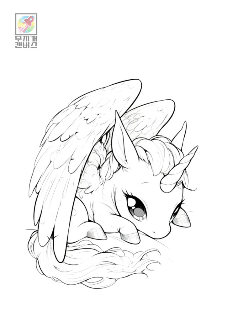 Black-and-white line art of a baby winged unicorn curled on the ground, with a horn, large eyes, and flowing mane and tail.
