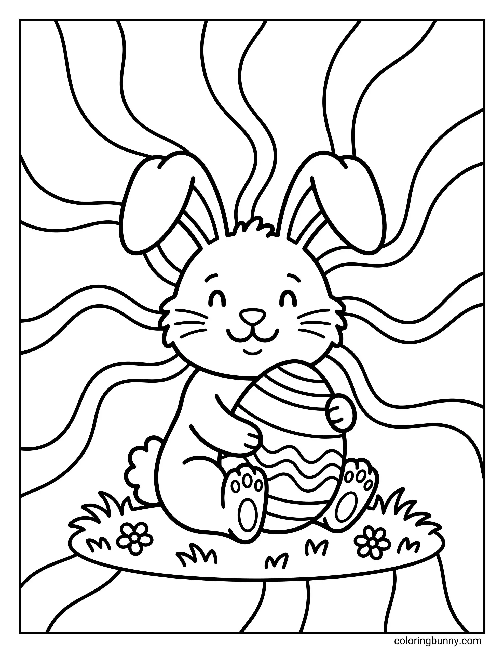 A smiling bunny sits on a grassy patch with flowers, holding a striped Easter egg, with wavy lines in the background.
