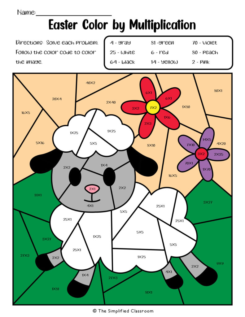 A color-by-multiplication worksheet featuring a panda among flowers. Students solve multiplication problems and use the color key to color each section.