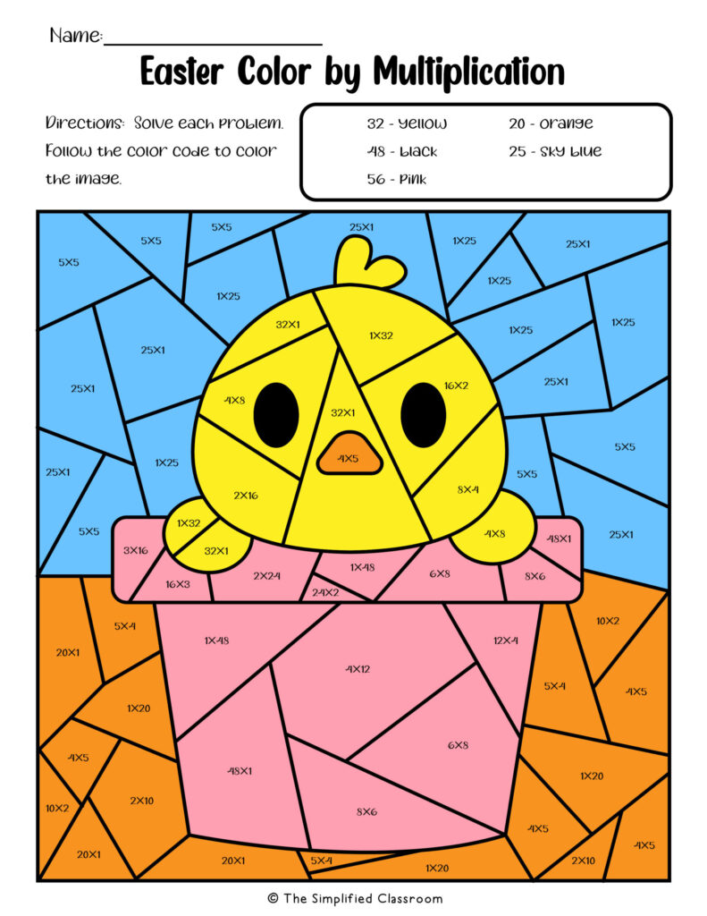 A color-by-multiplication worksheet featuring a cartoon chick. Students solve multiplication problems and use a color key to color the segmented image.