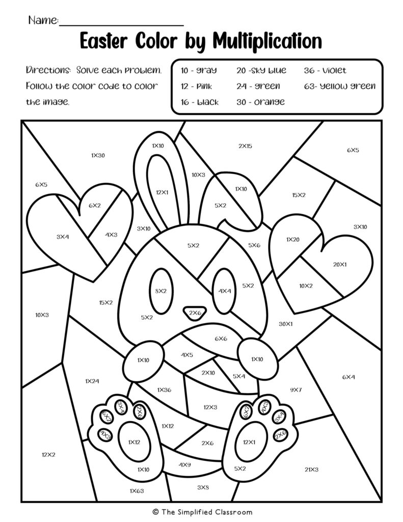 A multiplication color-by-answer worksheet with a color key and a large outlined cartoon character divided into labeled sections. Students solve the problems and color each section accordingly.