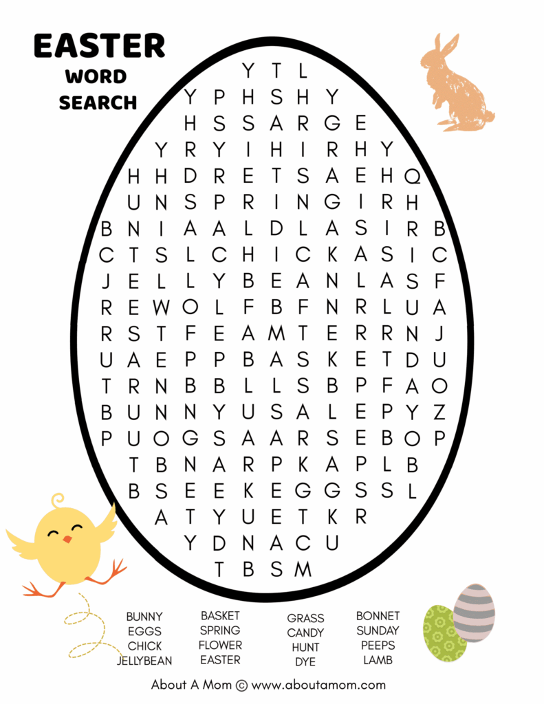 An Easter word-search worksheet with a large egg-shaped letter grid, a list of seasonal words, and small chick, rabbit, and decorated egg illustrations.