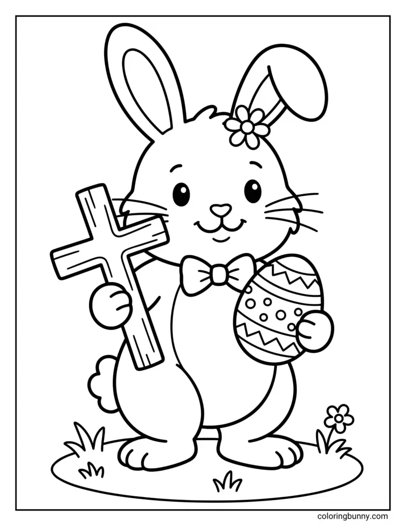 Black-and-white Easter coloring page of a smiling bunny holding a decorated egg and a cross, with flowers and grass around it.
