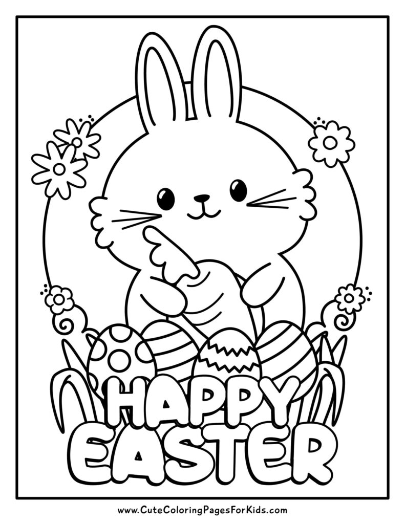 Easter coloring page with a smiling bunny holding an egg, surrounded by decorated eggs and flowers, with “Happy Easter” lettering.