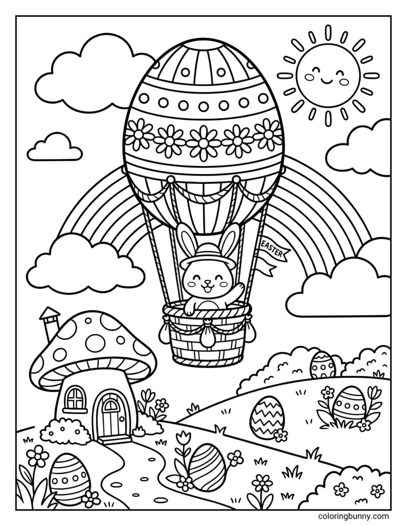 Easter coloring page featuring a bunny riding in a decorated hot-air balloon, with patterned eggs, a smiling sun, a rainbow, clouds, and a mushroom-shaped house.